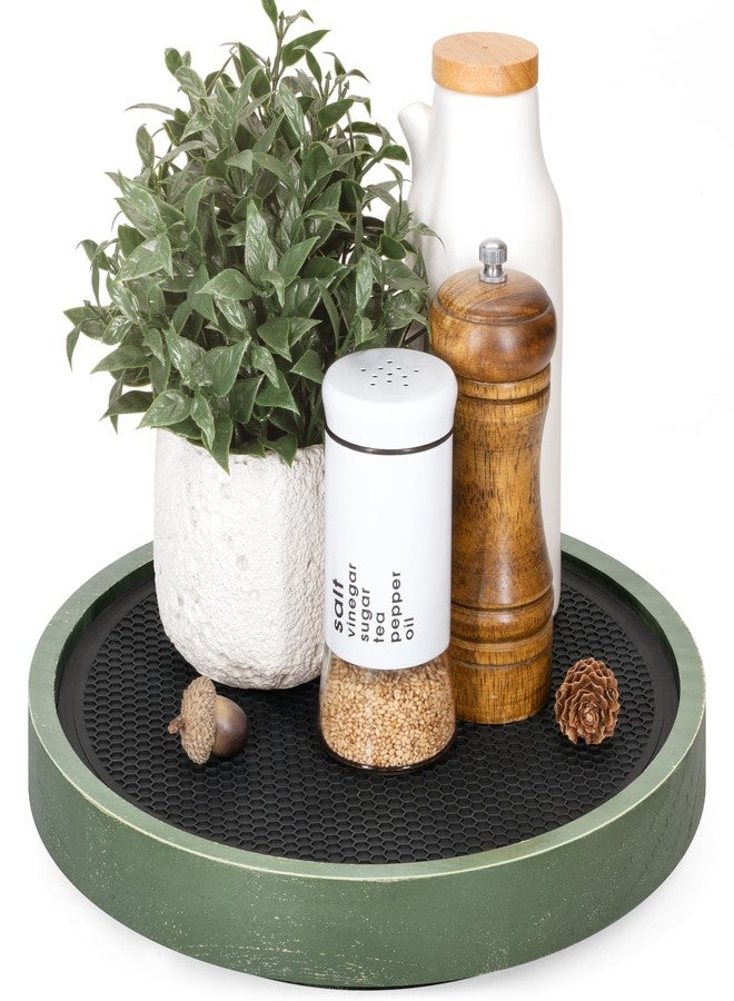 EOSAHR Pine Wood Non-Skid Lazy Susan for Table Top - 10.5" Lazy Susan Turntable for Cabinet, Kitchen Decor & Coffee Table - Ideal as a Spice Rack & Bathroom Tray with Rubber Mat (Green) - Image 1